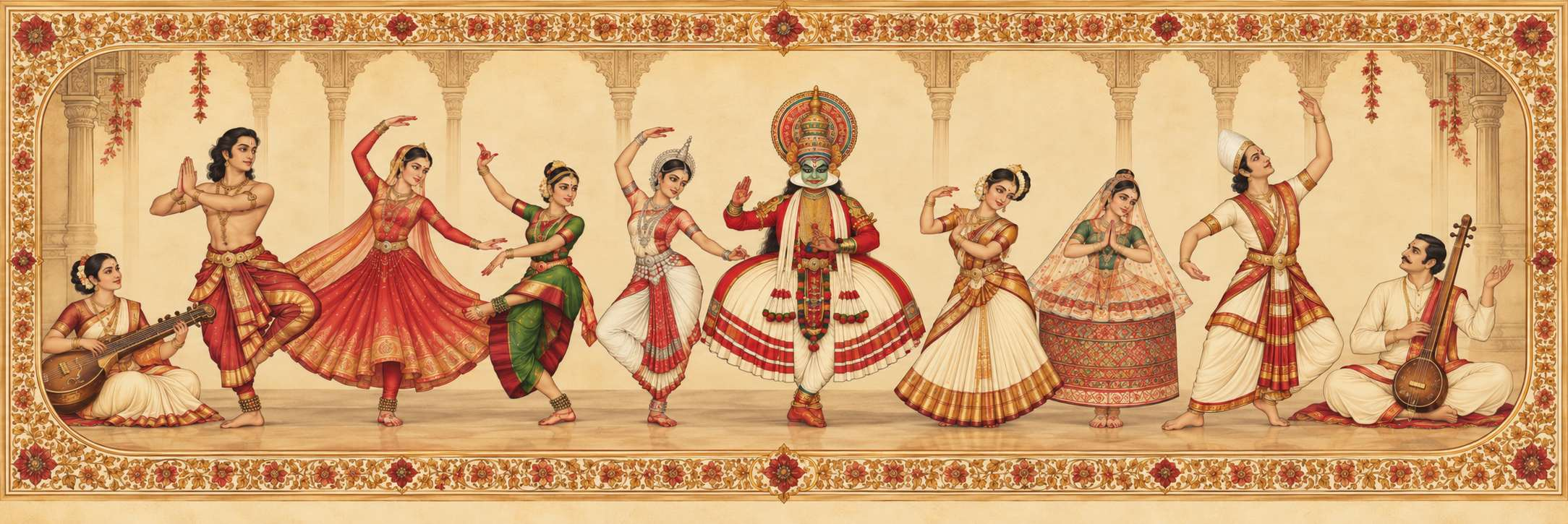 Indian classical dancers and musicians standing together on one stage