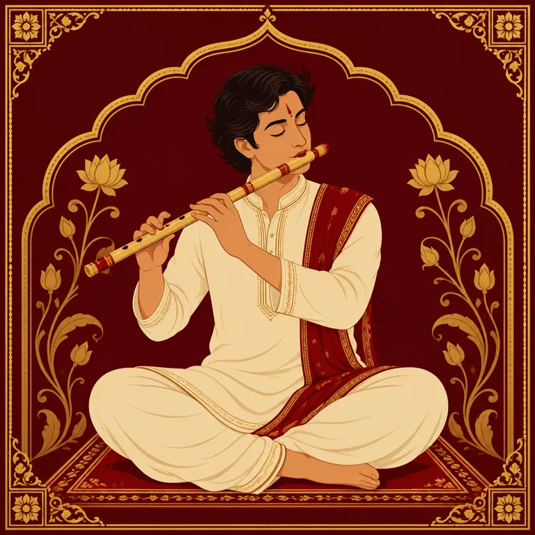 Flautist illustrated in traditional performance attire or with instruments
