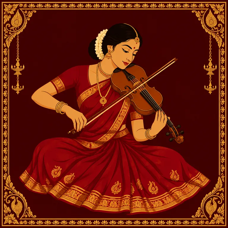Violinist illustrated in traditional performance attire or with instruments