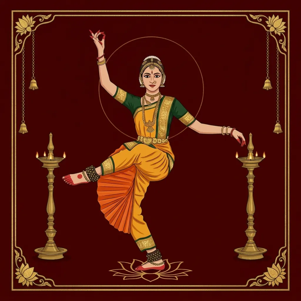 Bharatanatyam Artist illustrated in traditional performance attire or with instruments